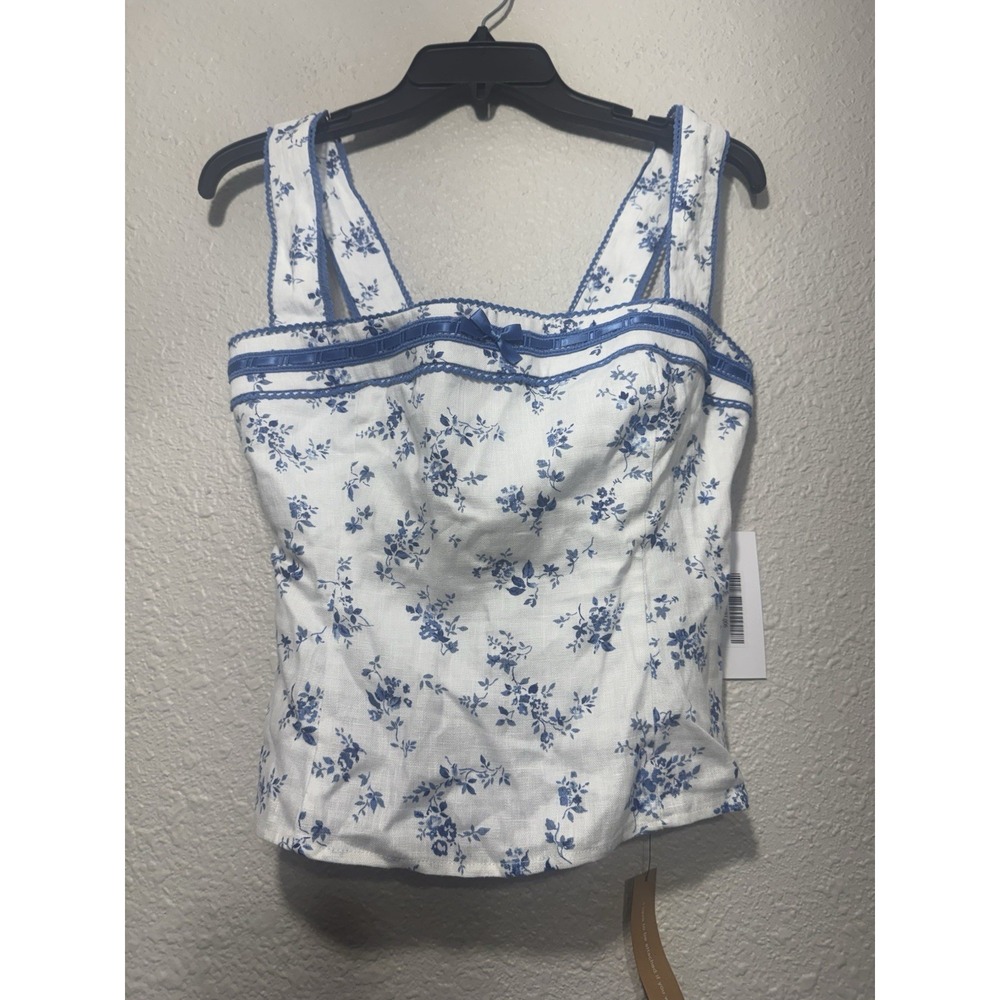 Reformation Eloise Linen Tank Top Coquette Blue Floral 6 New Preppy Summer